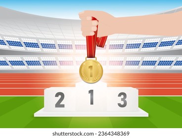 Gold-, Silber- und Bronze-Medaillen mit Winer Sport Podium in Laufstreckenarena. Champion and Winning Concept. Vektorgrafik.