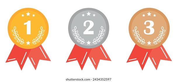 Gold, silver and bronze medals for winners in sport competitions. Champions awards, prize, medal with ribbon for first, second and third place in competitions. Reward, appreciation set.