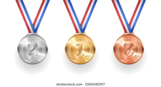 Gold, silver and bronze medals for winners realistic vector illustration. Olympic competition participants trophies 3d models on white