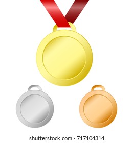 Gold, silver and bronze medals for winners with red ribbon, stock vector illustration, eps 10