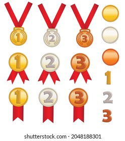 Gold silver and bronze medals..Awards and red ribbon.Laurel wreaths vector.Certificate of appreciation, award diploma icons.Set of coins.Sign, symbol, icon or logo.Realistic vector illustration.