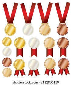 Medallas de plata de oro y bronce.. Premios y cintas rojas. Certificado de apreciación, diplomas de premios.Juego de monedas.Concepto deportivo.Signo, símbolo, icono o logotipo.Ilustración vectorial realista.