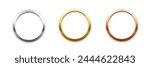 Gold, silver and bronze metal circle frames 3d vector realistic illustration. First, second and third place medals or buttons isolated on white background. Certified. Quality blank, empty badge set.