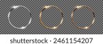 Gold, silver and bronze metal circle frames 3d vector realistic illustration. First, second and third place medals or buttons isolated on transparent. Quality blank, empty badge, emblem set.