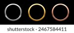 Gold, silver and bronze metal circle frames 3d vector realistic illustration. First, second and third place medals or buttons isolated on black background. Certified. Quality blank, empty badge set.