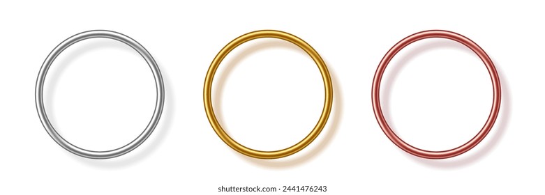 Gold, silver and bronze metal circle frames 3d vector realistic illustration. First, second and third place medals or buttons isolated on white background. Certified. Quality blank, empty badge set.