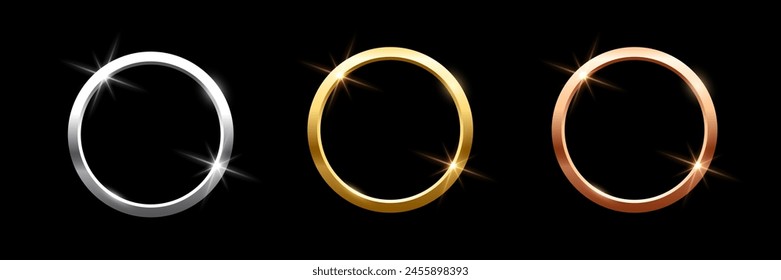 Gold, silver and bronze metal circle frames 3d vector realistic illustration. First, second and third place medals or buttons isolated on black background. Certified. Quality blank, empty badge set.