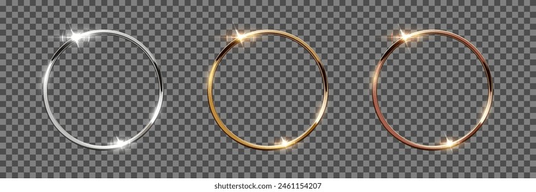 Gold, silver and bronze metal circle frames 3d vector realistic illustration. First, second and third place medals or buttons isolated on transparent. Quality blank, empty badge, emblem set.