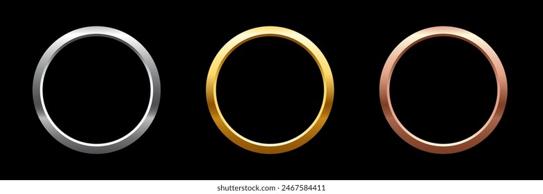 Gold, silver and bronze metal circle frames 3d vector realistic illustration. First, second and third place medals or buttons isolated on black background. Certified. Quality blank, empty badge set.