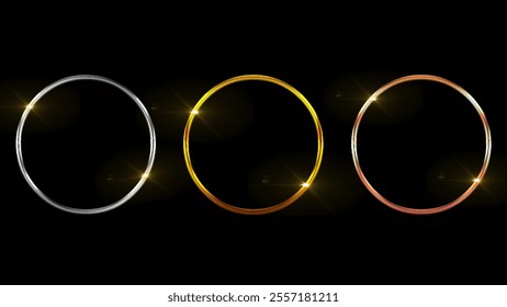 Gold, silver and bronze metal circle frames 3d in Black background realistic illustration. First, second and third place medals ,Christmas, birthday decor. Certified. Quality blank, empty badge set.