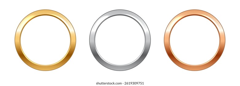 Gold, silver, bronze metal circle frames. Glossy metallic rings isolated on white background. First, second and third place medals, awards, ranks. 3d vector realistic illustration.