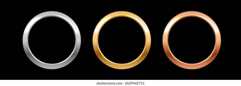 Gold, silver, bronze metal circle frames. Glossy metallic rings isolated on black background. First, second and third place medals, awards, ranks. 3d vector realistic illustration.