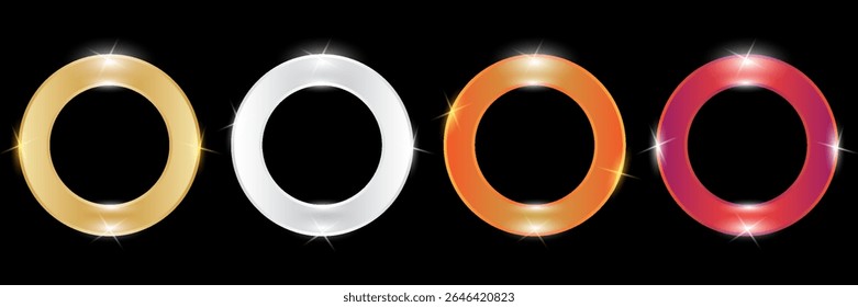Gold, silver and bronze metal circle frames 3d vector realistic illustration. First, second and third place medals or buttons isolated on white background. Certified. Quality blank, empty badge set.