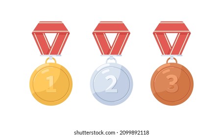 Gold, silver and bronze metal medals set. Circle awards with mesh for first, second and third places. Winners rewards. Champions prizes. Colored flat vector illustration isolated on white background