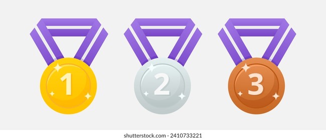 Gold, silver and bronze metal medals set. First, second, third award places. Winners rewards. Champions prizes. Vector illustration in cartoon style