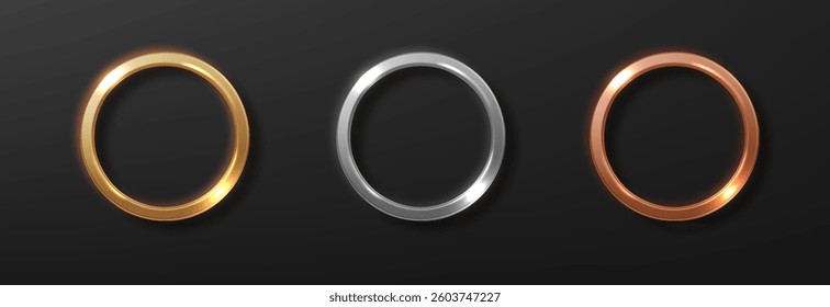 Gold silver and bronze metal ring. 3d realistic golden blank medals isolated. luxury golden frame
