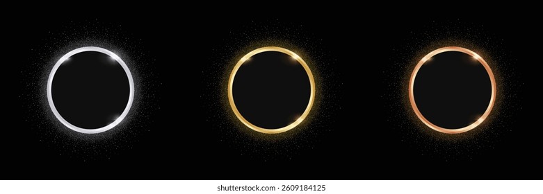 Gold, Silver, and Bronze Metal Rings – Circular Frames for Medals, Buttons, Stamps, Emblems, Stickers, and Labels on Black Background