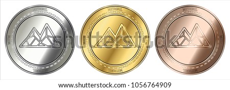 Gold, silver and bronze Mithril (MITH) cryptocurrency coin. Mithril (MITH) coin set.