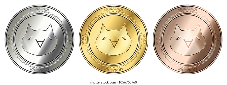 Gold, silver and bronze Monacoin (MONA) cryptocurrency coin. Monacoin (MONA) coin set.