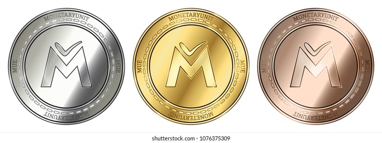 Gold, silver and bronze MonetaryUnit (MUE) cryptocurrency coin. MonetaryUnit (MUE) coin set.