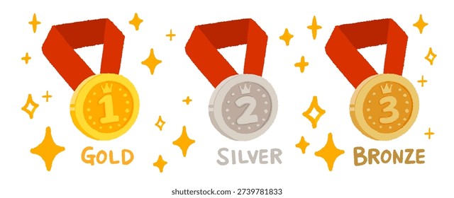 Gold, silver, and bronze neck medals icons. Vector material usable for ranking displays, awards, and result announcements. Hand-drawn illustration.