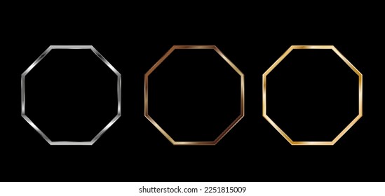 Gold, silver, bronze octagonal frames for a picture or photo. 3d vector illustration  isolated on transparent background.