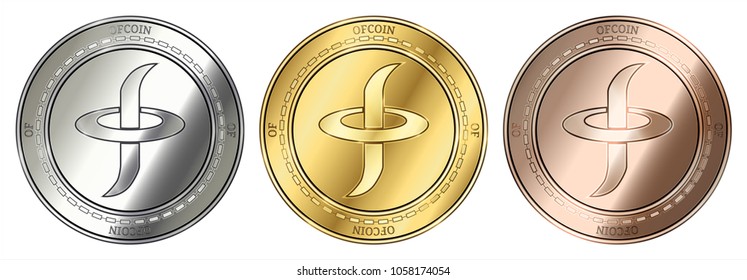 Gold, silver and bronze OFCOIN (OF) cryptocurrency coin. OFCOIN (OF) coin set.