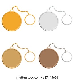 Gold, silver, bronze and old metal, elegant key chains, vector illustration. 