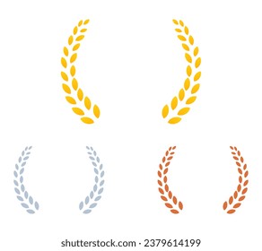 Gold, silver and bronze olive branches for awards. Olive branches in flat minimalistic style for design of medals, awards, certificates.