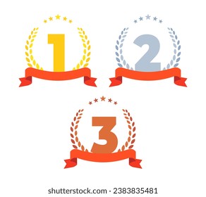 Gold, silver and bronze olive branches with numbers. Olive branches in flat minimalistic style for medals, awards, certificates design.