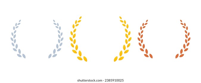 Gold, silver and bronze olive branches for awards. Olive branches in flat minimalistic style for design of medals, awards, certificates.