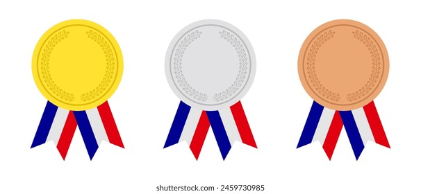 Medallas olímpicas de oro, plata, bronce con cinta en colores de la bandera francesa, aisladas sobre fondo transparente. Ilustración vectorial plana.