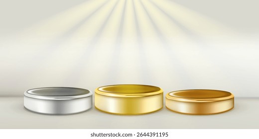 Gold, silver and bronze pedestals with spotlight. Vector 3d realistic podium illustration. Award ceremony background. Design elements for championship winners, achievement and ranking