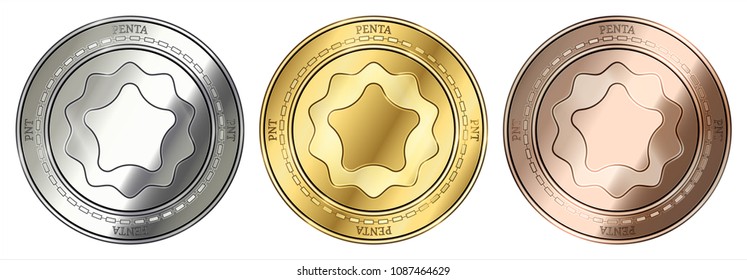 Gold, silver and bronze Penta (PNT) cryptocurrency coin. Penta (PNT) coin set.