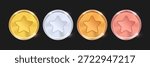 Gold, Silver, Bronze and Pink Star Coins Vector Set – Shiny Reward Medals, Game Achievement Tokens, Isolated on Dark Background