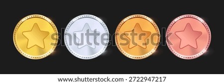 Gold, Silver, Bronze and Pink Star Coins Vector Set – Shiny Reward Medals, Game Achievement Tokens, Isolated on Dark Background