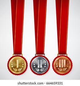 Gold, Silver, Bronze Place Badge, Medal Set Vector. Realistic Achievement With First, Second, Third Placement. Round Championship Label, Red Rosette. Winner Honor Prize. Sport Game Challenge Award