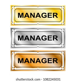 gold, silver and bronze plaque with Manager lettering on white background. Vector Illustration