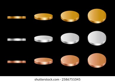 Gold., silver and bronze podiums. 3d round metal platforms for product presentation or winner award ceremony in different angles view. Empty stages on black background. Vector illustrations set.