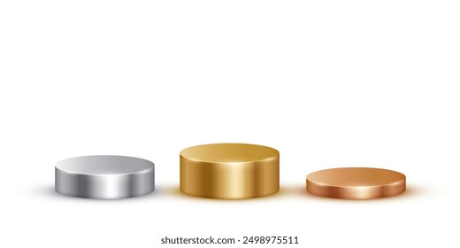 Gold-, Silber-, Bronze-Podien für Auszeichnungen oder Produkt-Display-Vektorgrafik-Set. Leere 3D-Metallbühnen auf weißem Hintergrund. Luxuriöse elegante Plattformen für die Siegerehrung, Champions-Podestplätze.