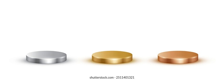 Gold, silver, bronze podiums for awards or product display vector illustration set. Empty 3d metal stages on white background. Luxury elegant platforms for winners ceremony, champions pedestals.
