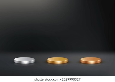 Gold, silver, bronze podiums for awards or product display vector illustration set. Empty 3d metal stages on black background. Luxury elegant platforms for cosmetics presentation, ceremony pedestals.