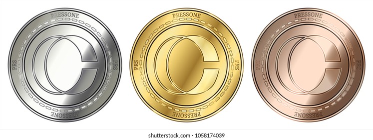 Gold, silver and bronze PressOne (PRS) cryptocurrency coin. PressOne (PRS) coin set.