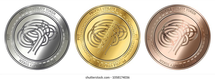 Gold, silver and bronze Profile Utility Token (PUT) cryptocurrency coin. Profile Utility Token (PUT) coin set.