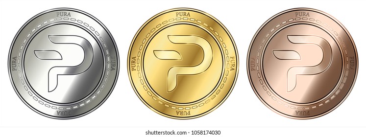 Gold, silver and bronze Pura (PURA) cryptocurrency coin. Pura (PURA) coin set.