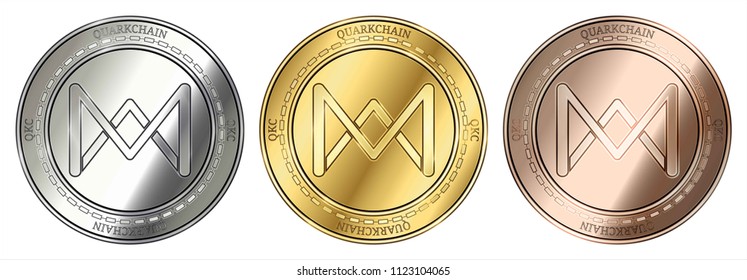 Gold, silver and bronze QuarkChain (QKC) cryptocurrency coin. QuarkChain (QKC) coin set.