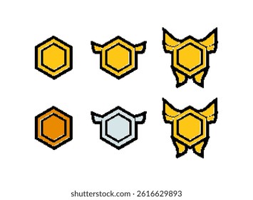 gold, silver, bronze rank badge emblem, modern retro trendy pixel art decoration elements vector illustration for game or any template