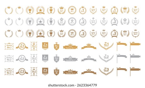 Gold Silver Bronze Ranking Badges Set - Prêmios, Medalhas, Coroas de Laurel, Fitas, Escudos, Troféus e Stars Vetor Collection