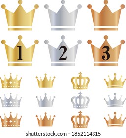 Gold, Silver And Bronze Ranking Crown Icon Variation Set.Entering The Numbers Of 1st, 2nd And 3rd.