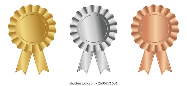 Gold, silver and bronze ranks icon vector. Gold medal, star, quality checking, guarantee. Badge for winners, quality certificate, prize warranty. Championship in sport or movie vector illustration.
